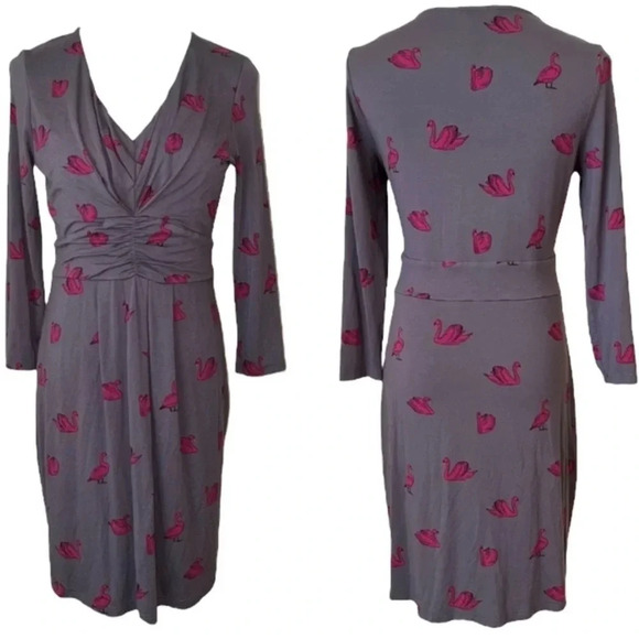 BODEN Marion Swans 3/4 Sleeve Vneck Stretchy Comfy Viscose Mini Dress - Picture 2 of 5
